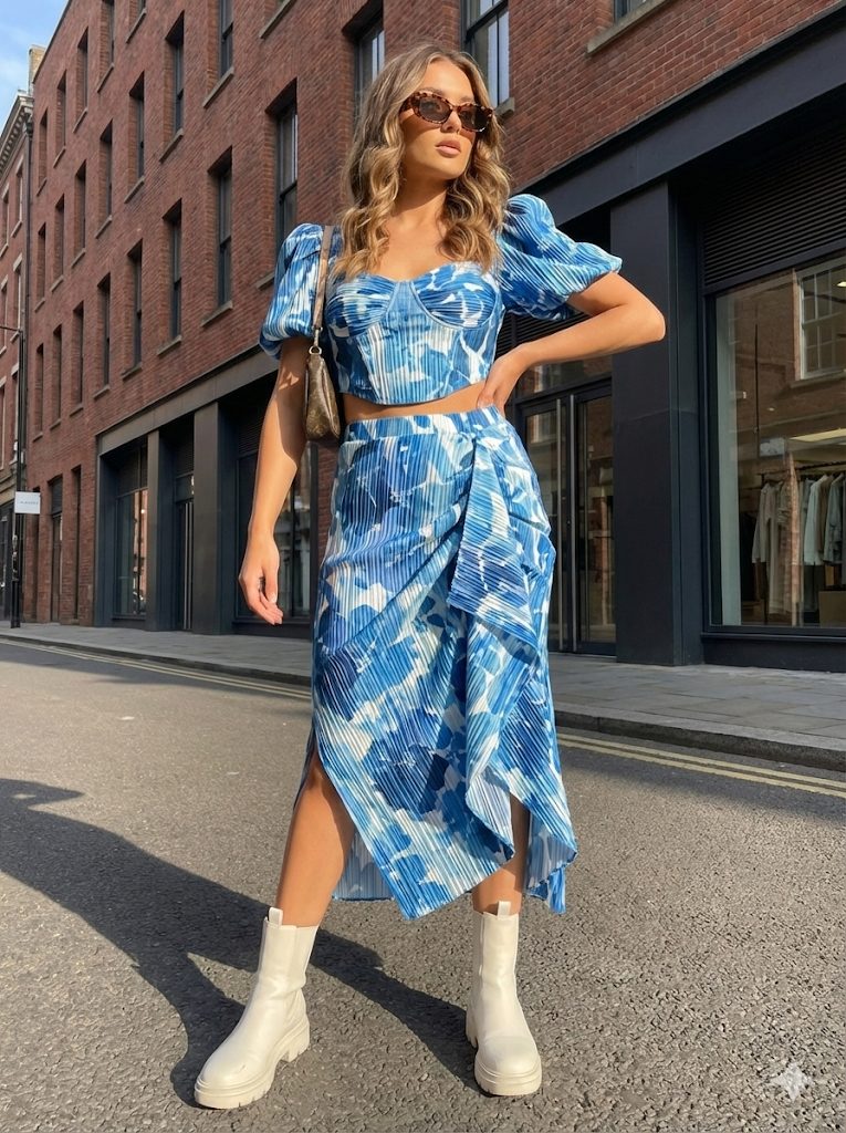 Azure Bloom fabric styled on a model